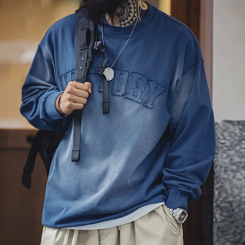 Vintage Gradient Letter Patch Hoodie – Washed Loose Fit Round Neck Casual Top